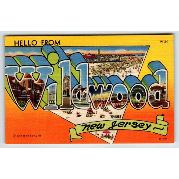 Hello Greeting From Wildwood New Jersey Linen Large Letter Postcard Beach Unused - Picture 1 of 2